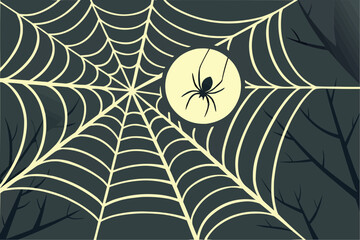 Spooky Halloween Spider Web with Glow Effect and Spider on Dark Background Vector Illustration"