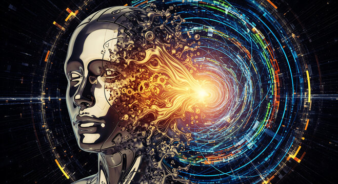 Humanoid head dissolving into a cosmic vortex, representing artificial intelligence and the universe