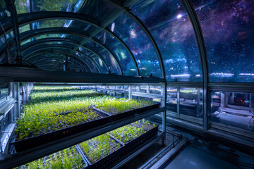 seedling trays inside a transparent space greenhouse, young green sprouts growing under LED grow lights, view of outer space, glowing stars, and deep cosmic background