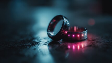 Two modern smart rings with glowing LED lights on a dark surface. The rings have a sleek design and are positioned close together.