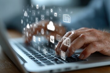 Hands typing on laptop with digital icons overlay