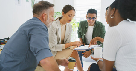Group, people and meeting with document in office for discussion, planning and article feedback....