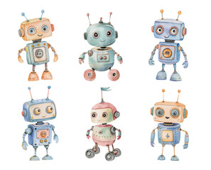 Collection of happy little robots. Children's watercolor illustration set of electronic characters in standing pose. Pastel colors. Isolated clipart with clear even edge on transparent background