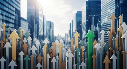 Rising arrows against a modern city backdrop symbolizing economic growth and progress