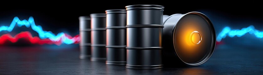 Oil barrels with market graph and rig in background concept. Close-up of oil barrels with vibrant charts in the background.