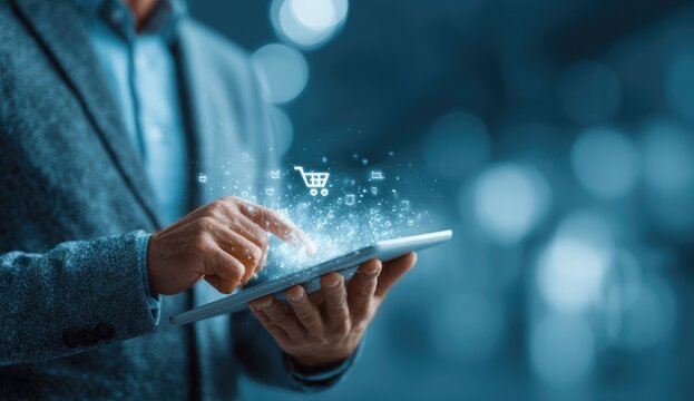 Businessman interacts with digital shopping cart on tablet