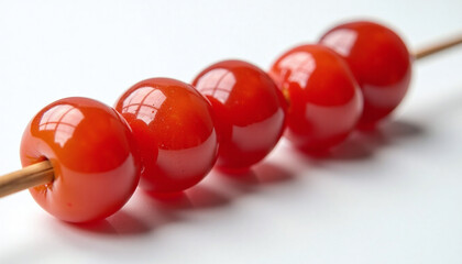 Tanghulu is a traditional Chinese dessert of fruits coated in crisp caramel. Juicy hawthorn berries on a skewer with glossy glaze, a popular street snack.