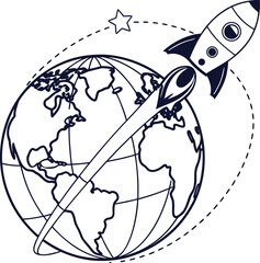 A fun vector illustration of a cartoon globe with a baby animal silhouette flying across the world