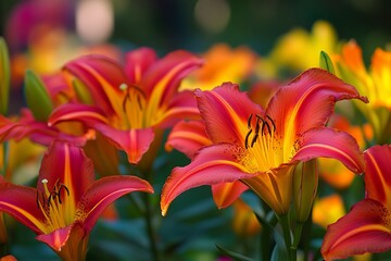 Close-up of vibrant orange-red lilies in a garden setting