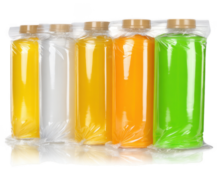 Row of colorful bottled drinks sealed in plastic isolated on white isolated on transparent background