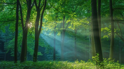Sunbeams filter through the lush green canopy of a dense forest, illuminating the misty air and creating a serene, magical atmosphere in this natural woodland setting