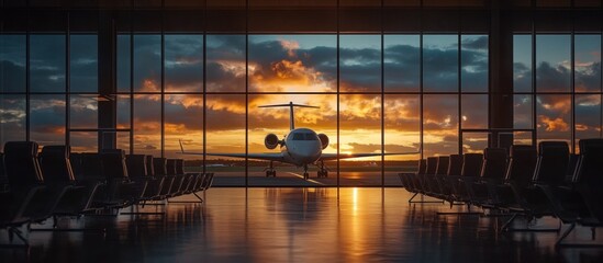 An airport terminal with a private jet parked in front of large windows at sunset