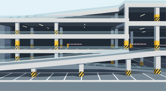 Modern multi-level parking garage with ramps and striped parking spaces.
