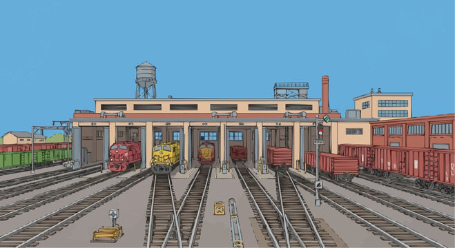 Illustration of a train yard with locomotives and freight cars on multiple tracks.
