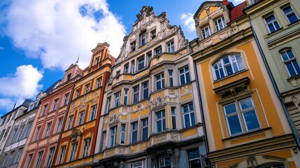 Fototapeta premium Colorful European buildings, ornate facades, sunny day