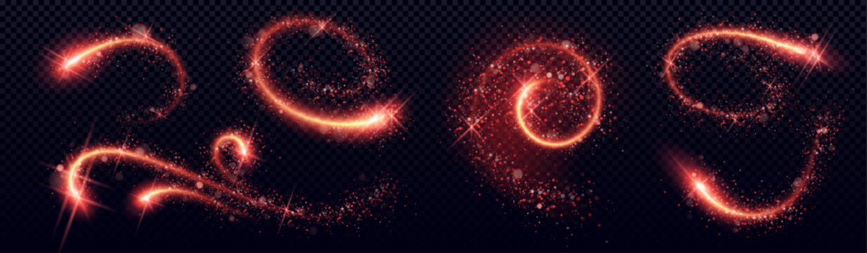 Glowing red sparkle magic trails with luminous curves and star bursts on transparent background. Fiery light streaks in swirling patterns with particles for fantasy effects or energy motion graphics