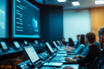 Blurred view of a large monitor displaying data, rows of workstations with people working