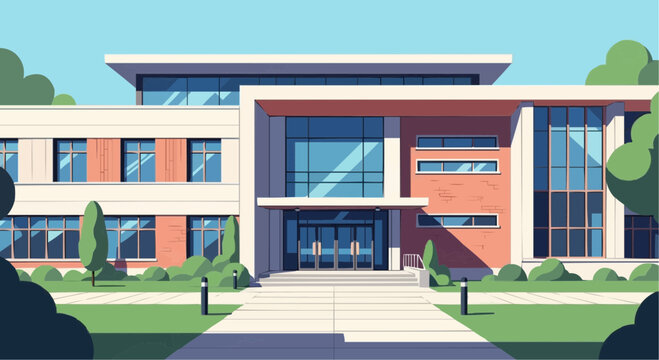 Flat design vector illustration of a modern school building exterior with a front lawn and clear sky background for educational concepts