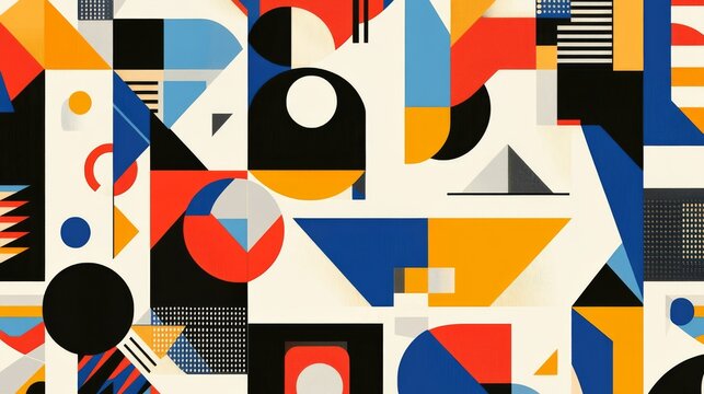 Bold and modern seamless pattern featuring a variety of geometric shapes such as triangles, squares, and circles. The design uses clean lines and bright colors, creating a dynamic yet balanced composi