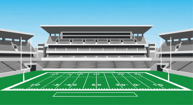 Vector illustration of an empty American football stadium. Green field, goalposts, and spectator stands under a clear blue sky. Ideal for sports and event design projects