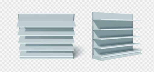 Store shelf supermarket display units with multiple gray blue metal tiers and adjustable bracket system for retail product presentation. Empty shelving structures from front and side perspective. © klyaksun