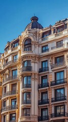 Fototapeta premium Facade of a multi-story building with ornate details, balconies, and windows