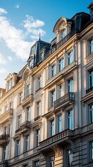 Fototapeta premium Facade of historic European buildings, sun-drenched