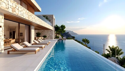 Fototapeta premium Villa moderna de lujo con piscina infinita y vistas al mar al atardecer