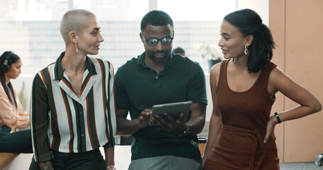 Creative, people and tablet at office with discussion for social media marketing, ad campaign or collaboration. Employees, planning and team checking online engagement for brand awareness in meeting