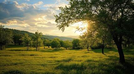 Golden sunset over a lush green meadow