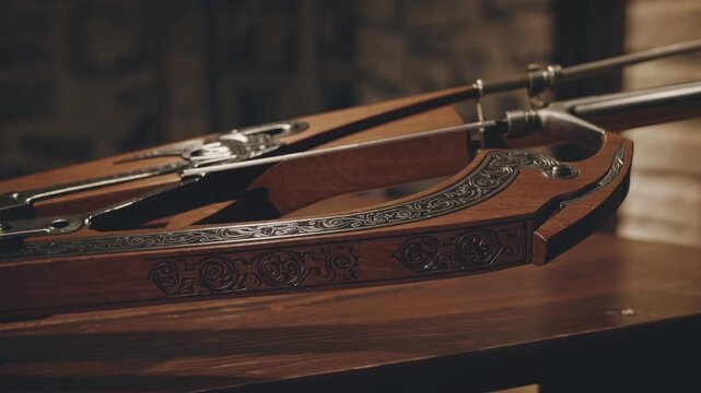Close-up video shot of an intricately designed crossbow on a wooden table, highlighting its ornate details with a warm, rustic ambiance.