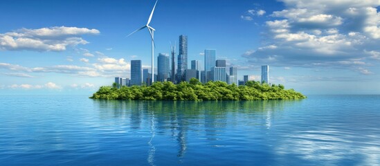 A city island with wind turbine against the blue sky and water