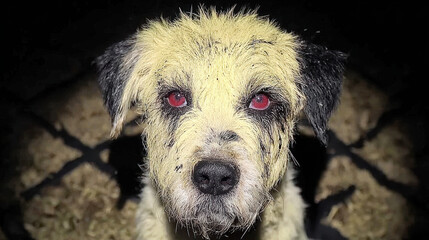 Dirty dog with red eyes looks like zombie in dark with spooky and eerie expression creating haunting atmosphere in this close up portrait image