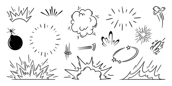 Comic pow effects with explosive bursts and action lines for cartoon illustration. Hand drawn bomb and clouds, stars and impact shapes with motion streaks. Dynamic graphic elements for superhero manga