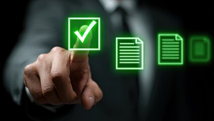 Businessperson's finger touches a glowing green check mark over documents