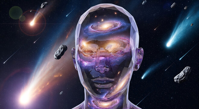 Human head filled with galaxy and surrounded by comets in outer space