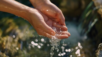 Hands catching fresh flowing water for cleansing and purity