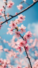 Obraz premium Close-up of blossoming pink cherry blossoms against a vibrant blue sky