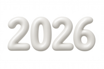 White 3d numbers 2026 floating against transparent backdrop, representing futuristic new year celebration with sleek graphic design approach