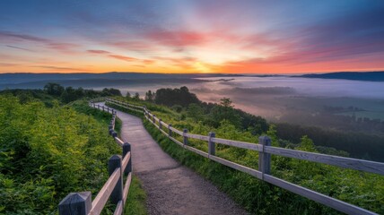 Scenic hiking trail winding through lush green landscape at sunrise with dramatic sun rays and a gentle mist blanketing the valley below, creating a peaceful and inspiring atmosphere