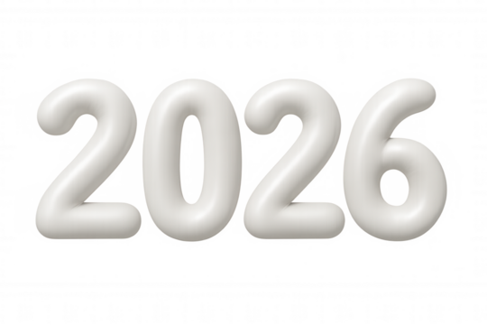 White 3d numbers 2026 floating against transparent backdrop, representing futuristic new year celebration with sleek graphic design approach