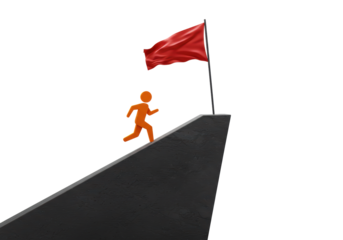 Isolated Person running up a slope towards a goal flag to achieve success, motivation