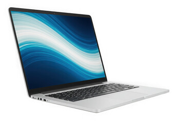 Modern silver laptop displaying a blue and white abstract wave screen
