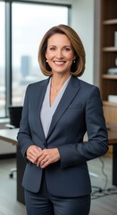 Professional businesswoman smiling confidently in office setting with city view and natural light