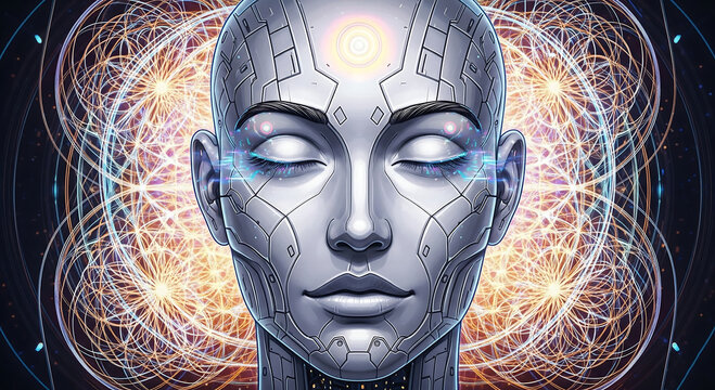 Closeup of a futuristic robot head with intricate details and a glowing geometric pattern in the background - Powered by Adobe