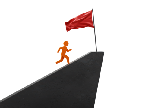 Isolated Person running up a slope towards a goal flag to achieve success, motivation