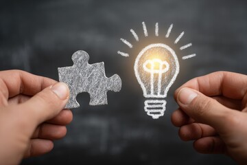 Hands hold puzzle piece & lightbulb; chalkboard background