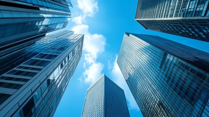 Fototapeta premium Low-angle view of modern skyscrapers against a clear blue sky (1)