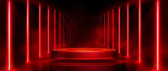 Fototapeta na wymiar Game product podium with neon light corridor and circular platform for tech showcases. Red laser bars frame black stage with glowing rings for futuristic presentations. Cyberpunk exhibition space.