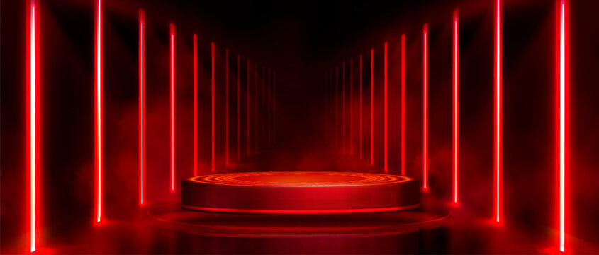 Game product podium with neon light corridor and circular platform for tech showcases. Red laser bars frame black stage with glowing rings for futuristic presentations. Cyberpunk exhibition space. - Powered by Adobe